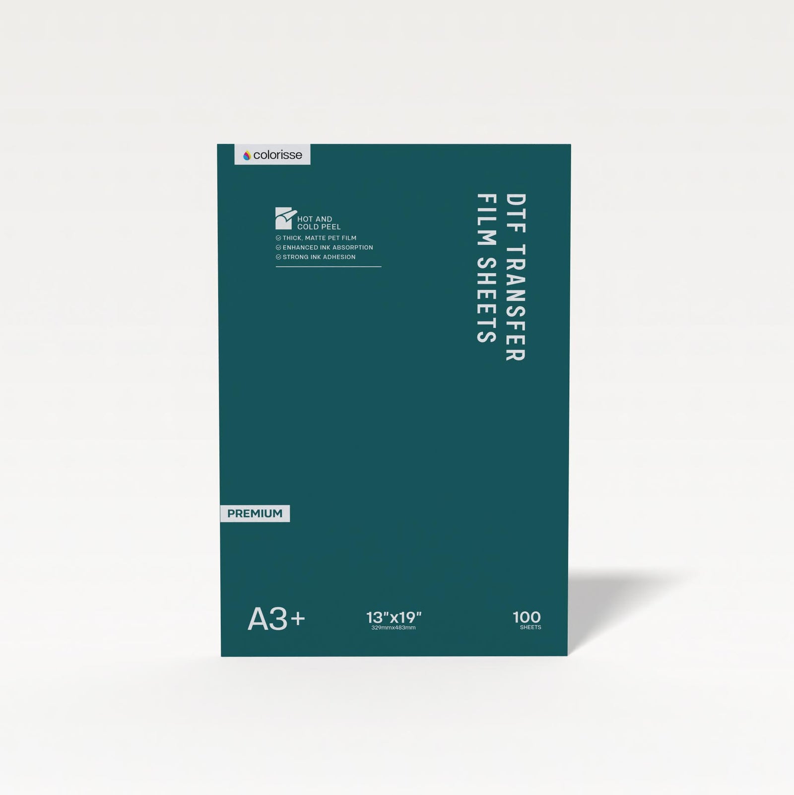 Colorisse A3+ DTF transfer film sheets pack with 100 sheets, ideal for reliable hot and cold peel printing.