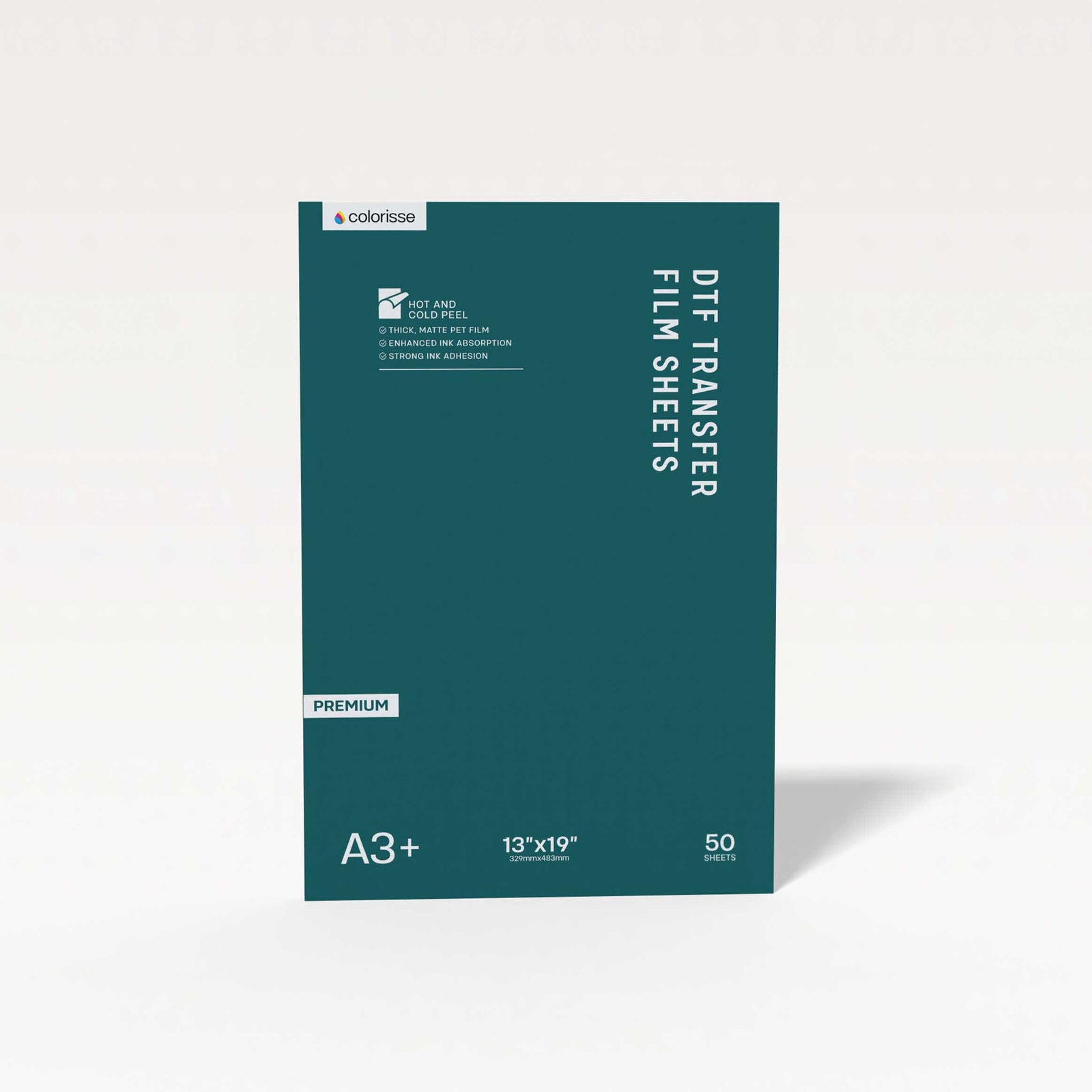 Colorisse A3+ DTF transfer film sheets pack with 50 sheets, designed for strong ink adhesion and smooth hot or cold peel application.