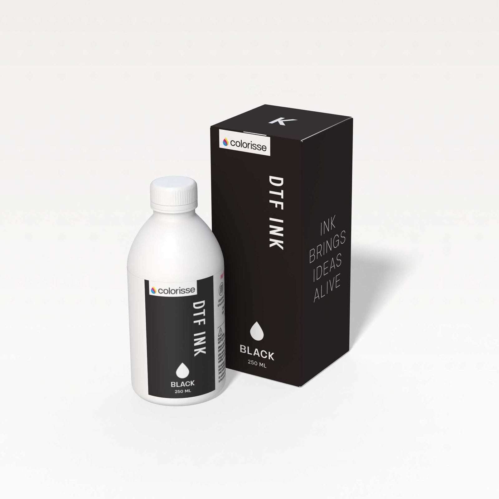 Colorisse DTF black ink bottle, 250ml, for deep, rich color printing.