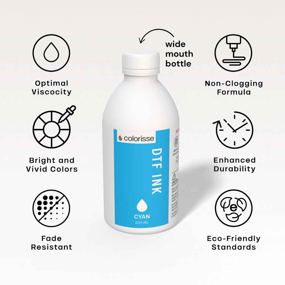 Colorisse cyan DTF ink with features like optimal viscosity, non-clogging formula, fade resistance, and bright vivid colors.