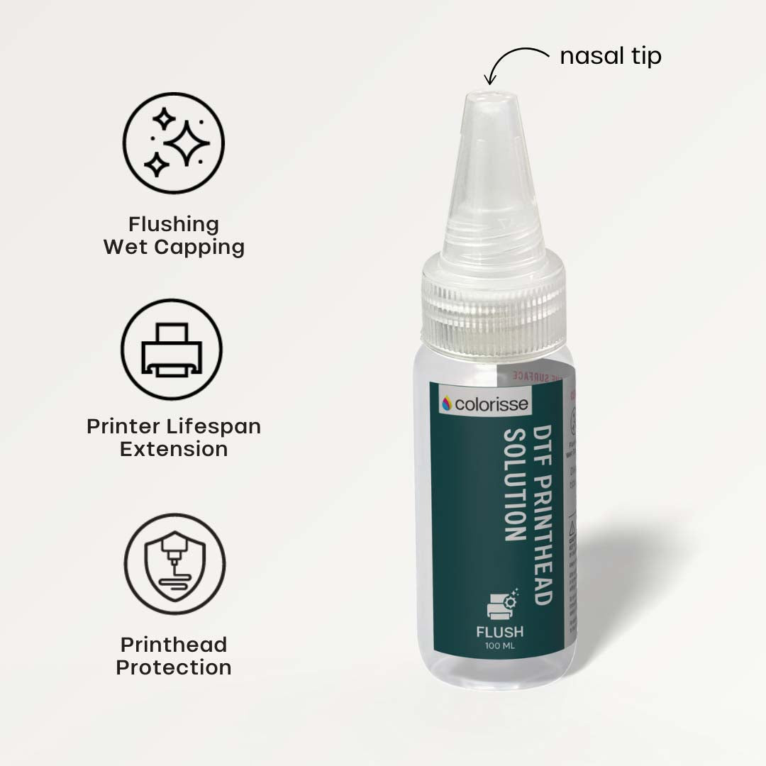 Colorisse DTF printhead solution with a nasal tip for precise flushing, designed to protect and extend printhead life.