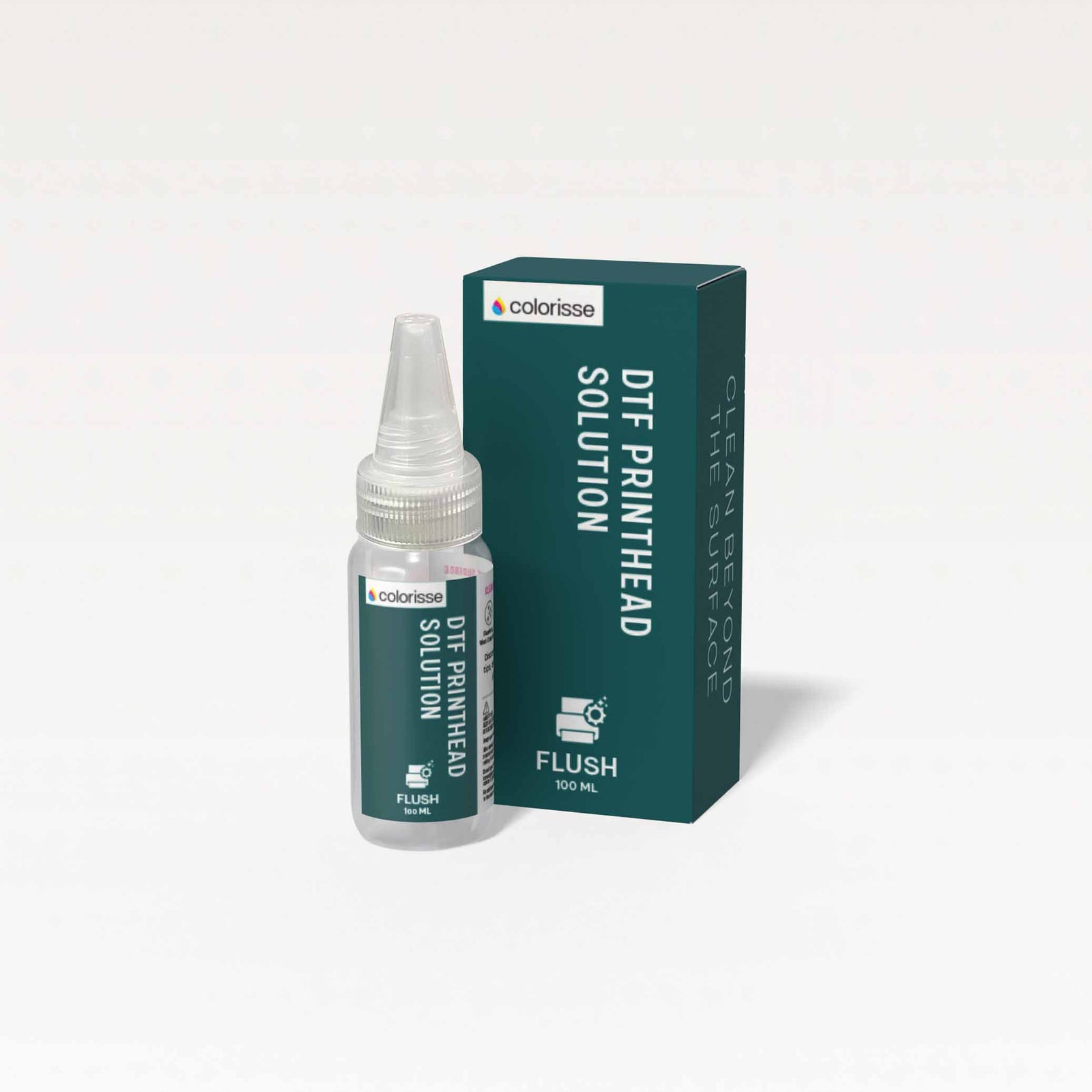 Colorisse DTF printhead solution, 100ml bottle, designed to flush and maintain printheads for consistent, high-quality printing.