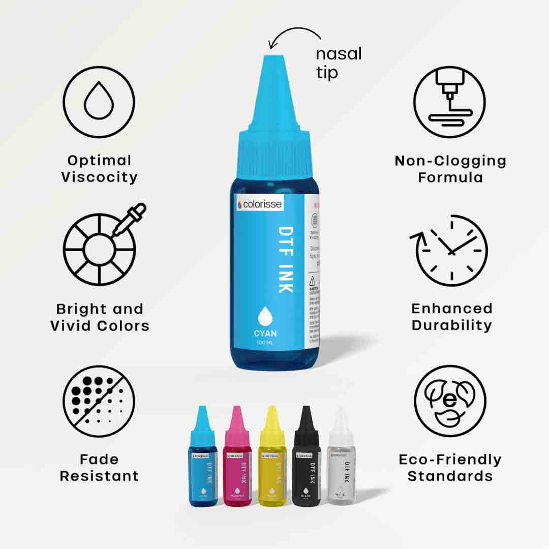 100ml Colorisse cyan DTF ink bottle with optimal viscosity and fade-resistant, eco-friendly formula for bright prints.