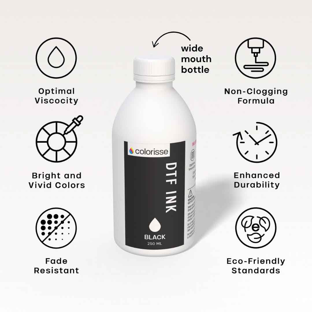 Colorisse black DTF ink with benefits including optimal viscosity, fade resistance, and eco-friendly standards.