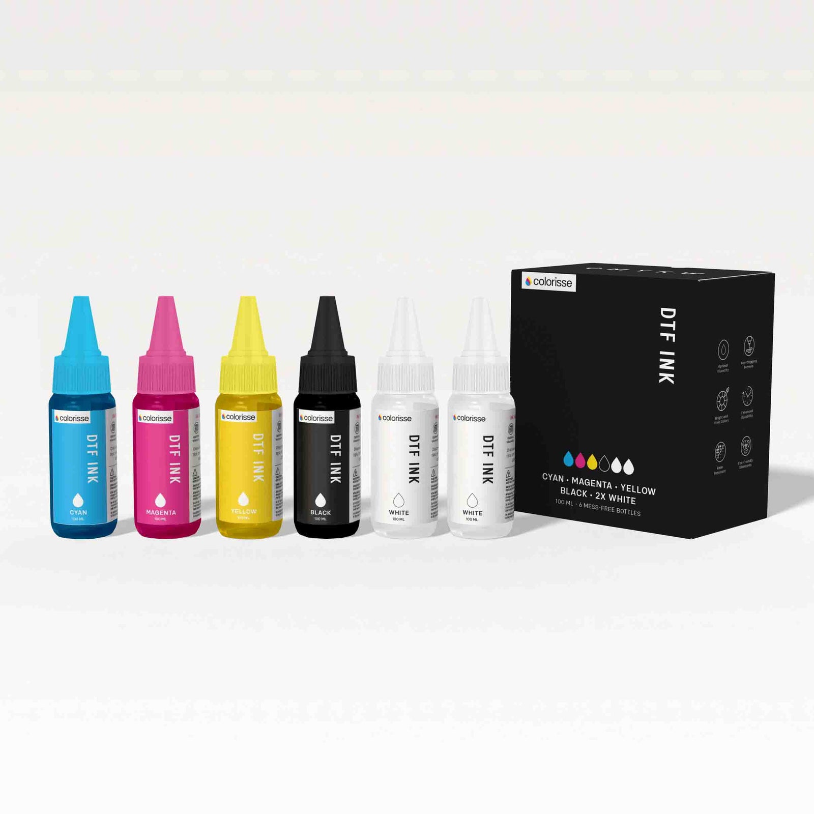 Colorisse DTF ink bundle with six 100ml bottles in cyan, magenta, yellow, black, and white, perfect for vibrant and mess-free printing.