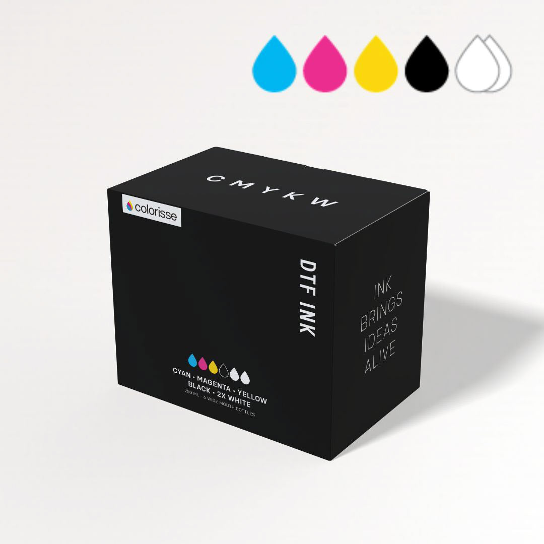 Colorisse DTF ink bundle box featuring cyan, magenta, yellow, black, and two white inks designed for vivid and durable custom printing projects.