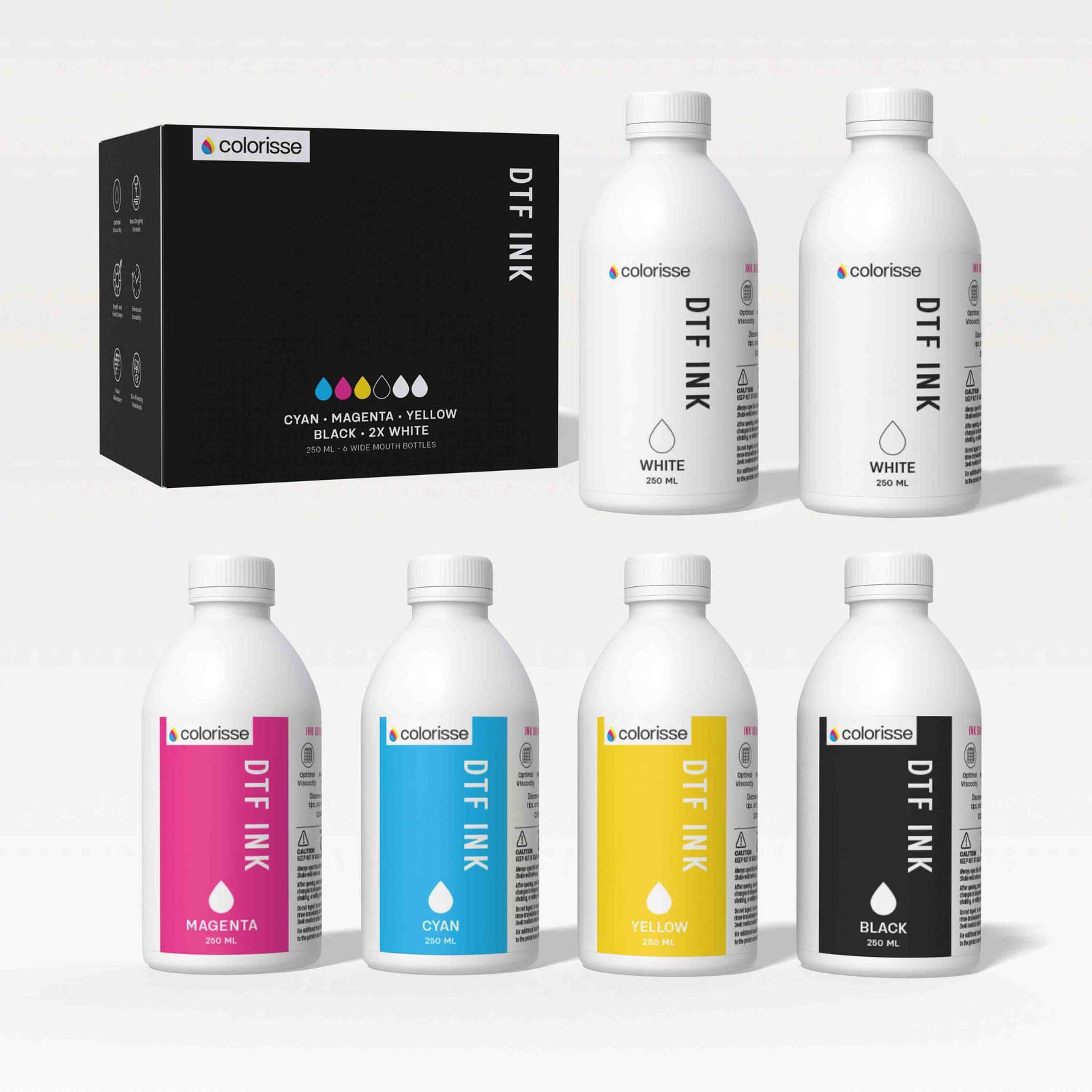 Colorisse DTF ink bundle with box, featuring six vibrant 250ml bottles in white, magenta, cyan, yellow, and black for high-quality printing.