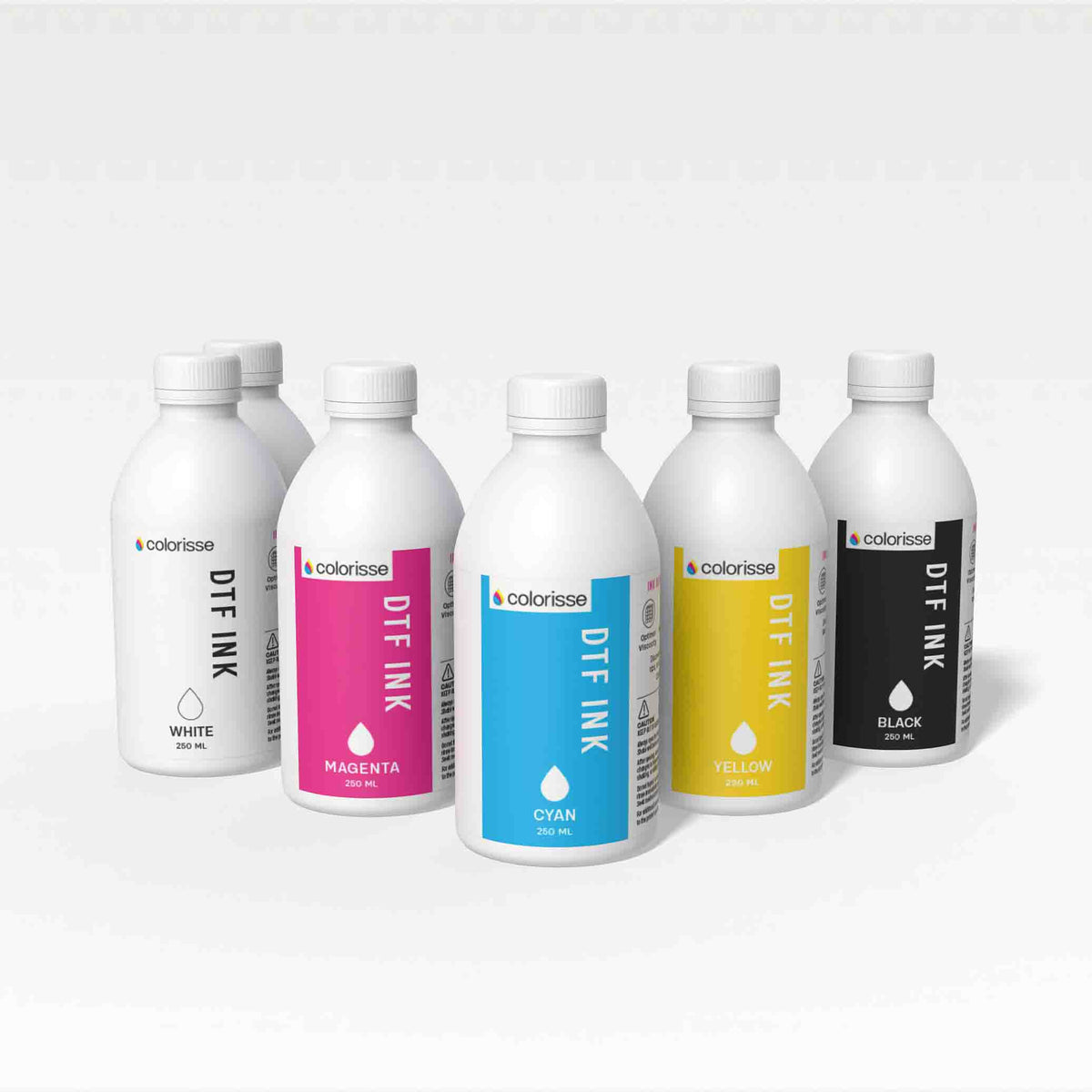 Colorisse DTF ink bundle with 250ml bottles in white, magenta, cyan, yellow, and black for vibrant, long-lasting prints.