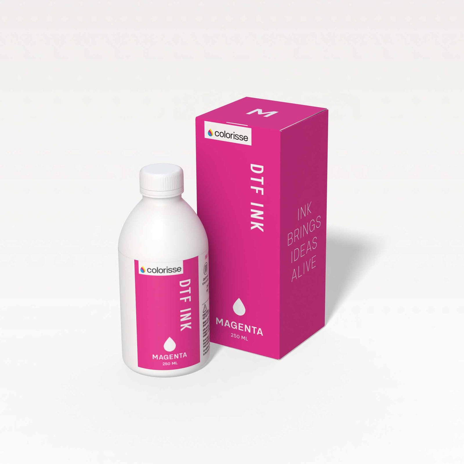 Colorisse DTF magenta ink bottle, 250ml, for bright and vivid color transfer printing.