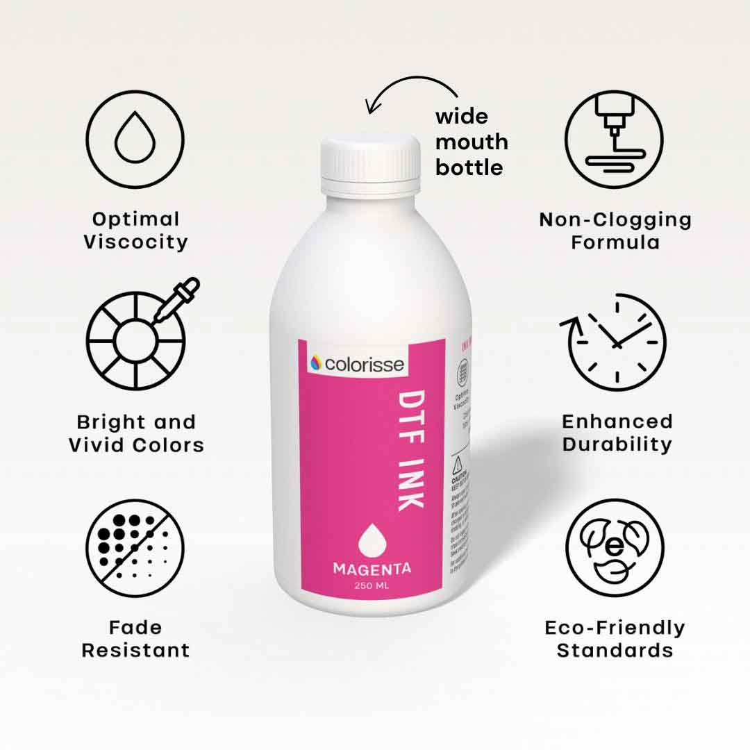 Colorisse magenta DTF ink showcasing benefits like enhanced durability, eco-friendly standards, and a non-clogging formula.