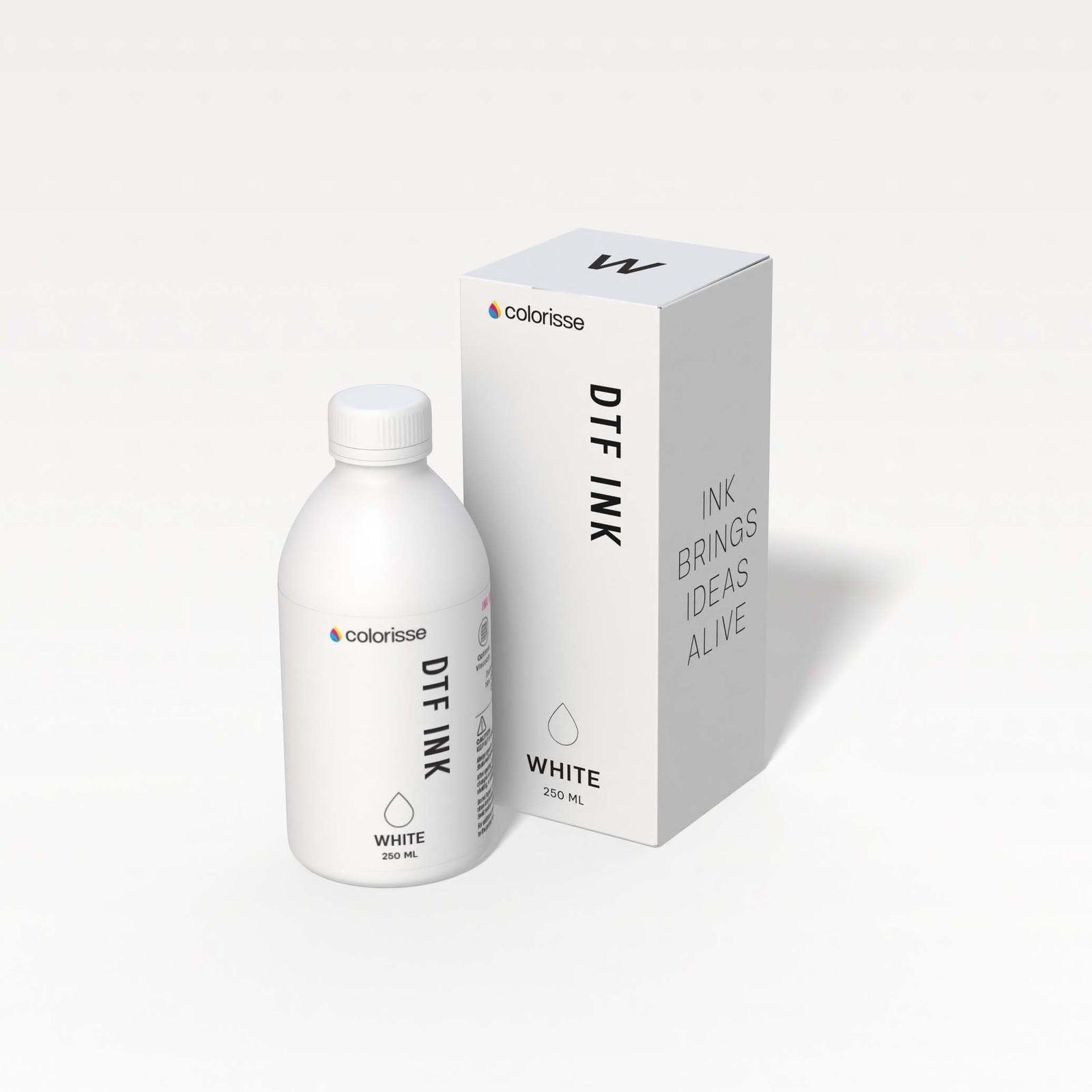 Colorisse DTF white ink bottle, 250ml, perfect for base layers and bright designs.