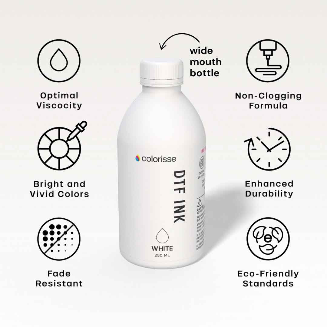 Colorisse white DTF ink emphasizing bright colors, non-clogging formula, and eco-friendly standards.