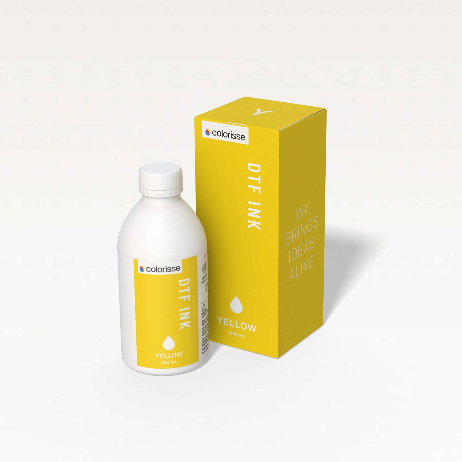 Colorisse DTF yellow ink bottle, 250ml, for bold, eye-catching prints.