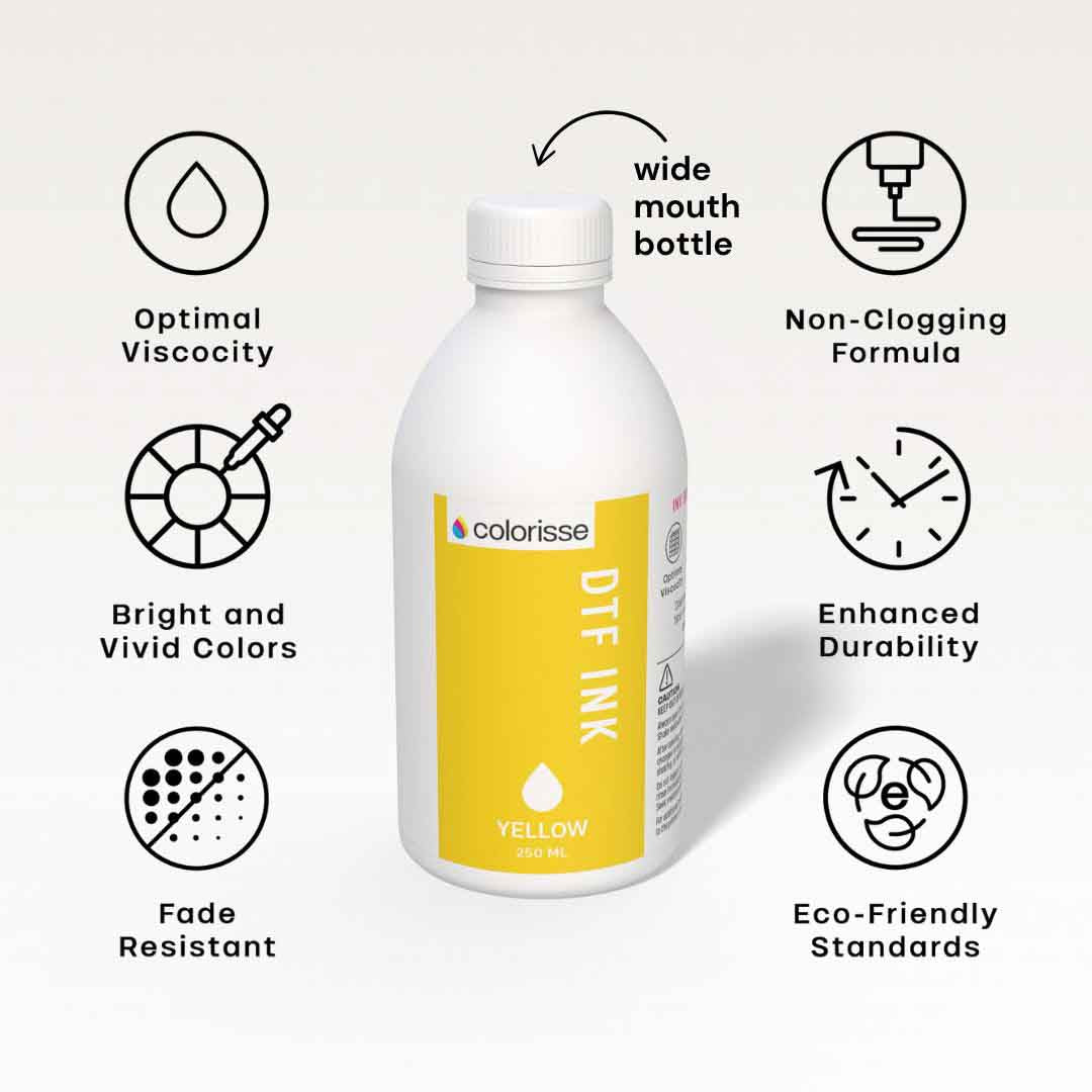 Colorisse yellow DTF ink highlighting features like optimal viscosity, fade resistance, and enhanced durability.
