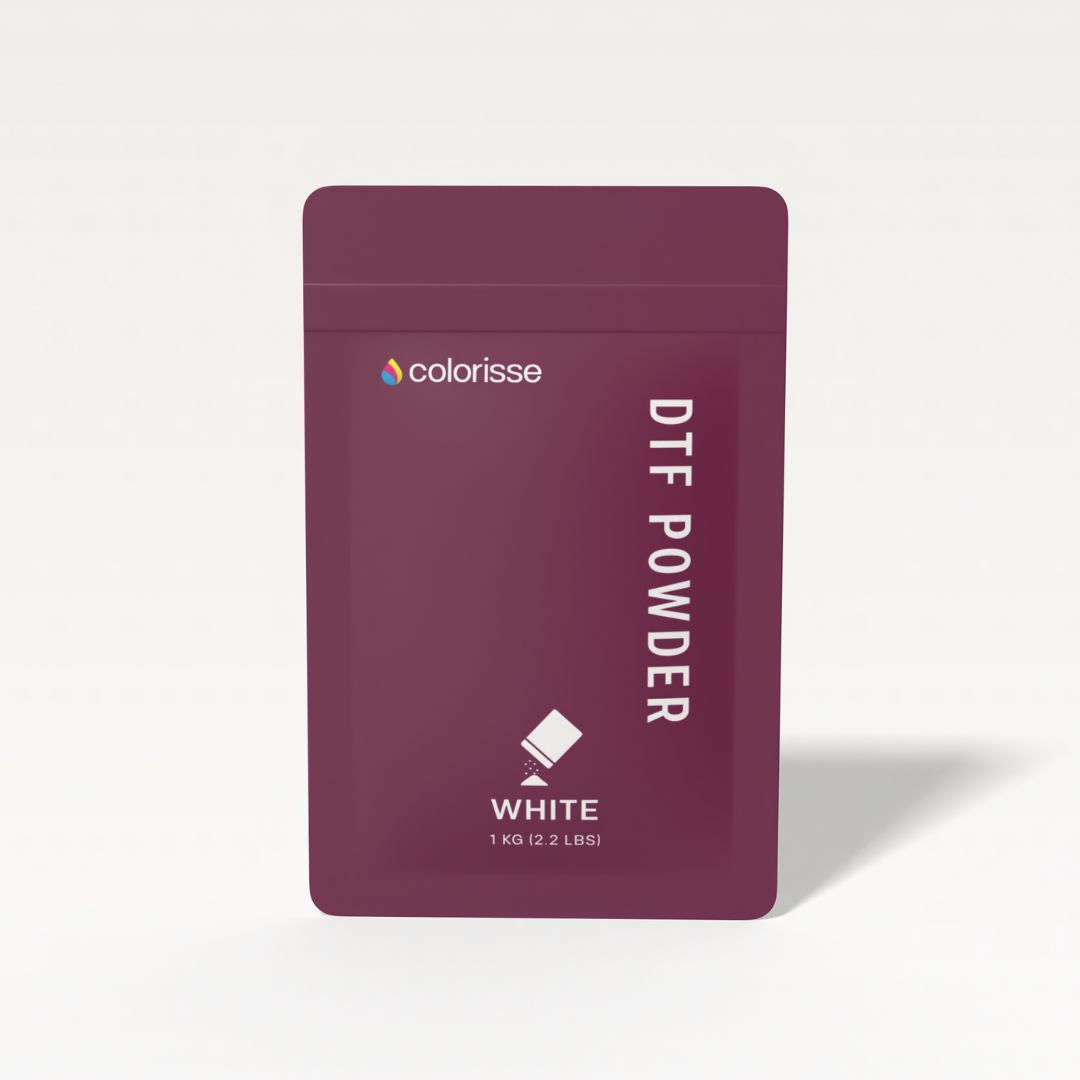 Colorisse DTF powder in a resealable bag, designed for superior adhesion, durability, and high flexibility.