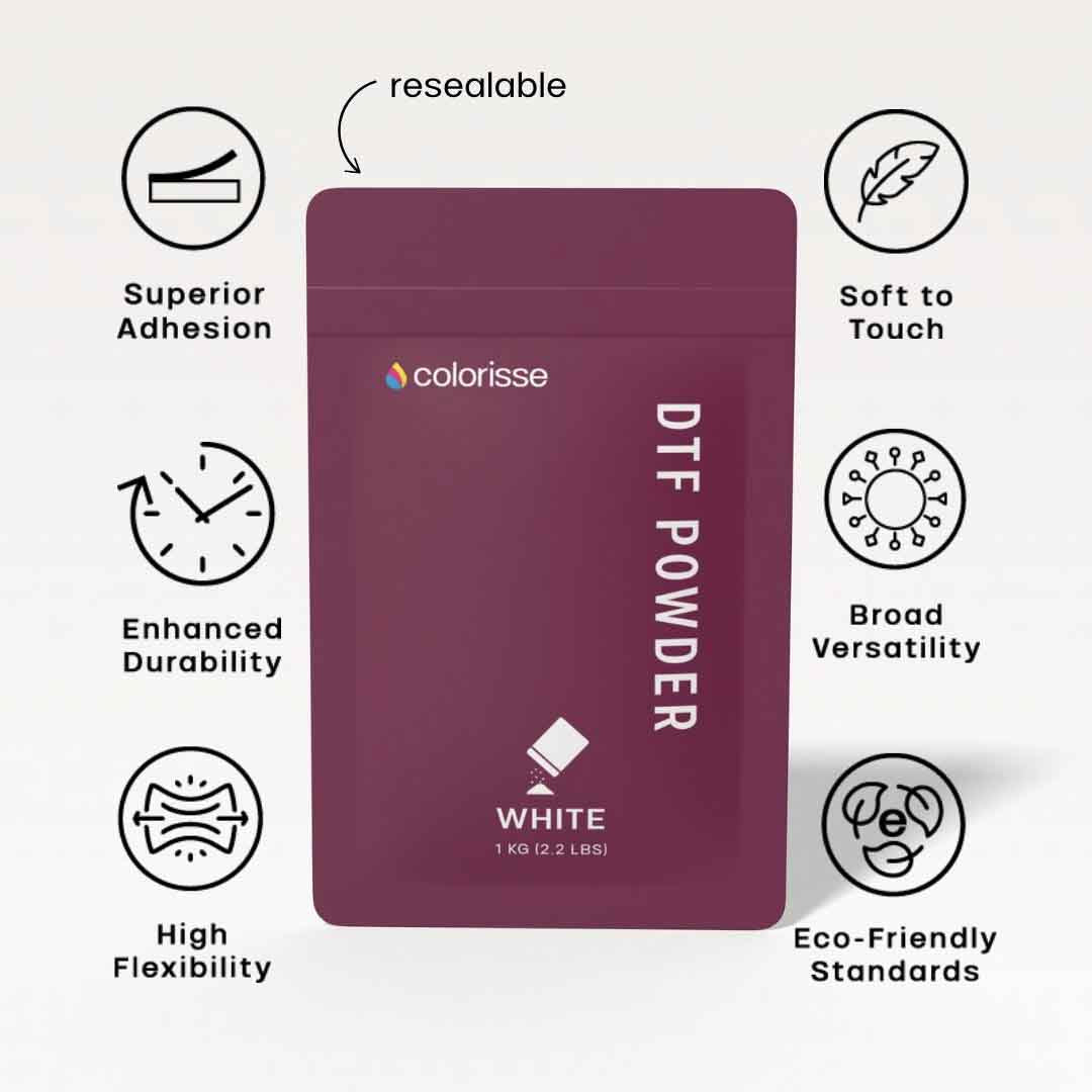 Colorisse DTF powder in a resealable bag, designed for superior adhesion, durability, and high flexibility.