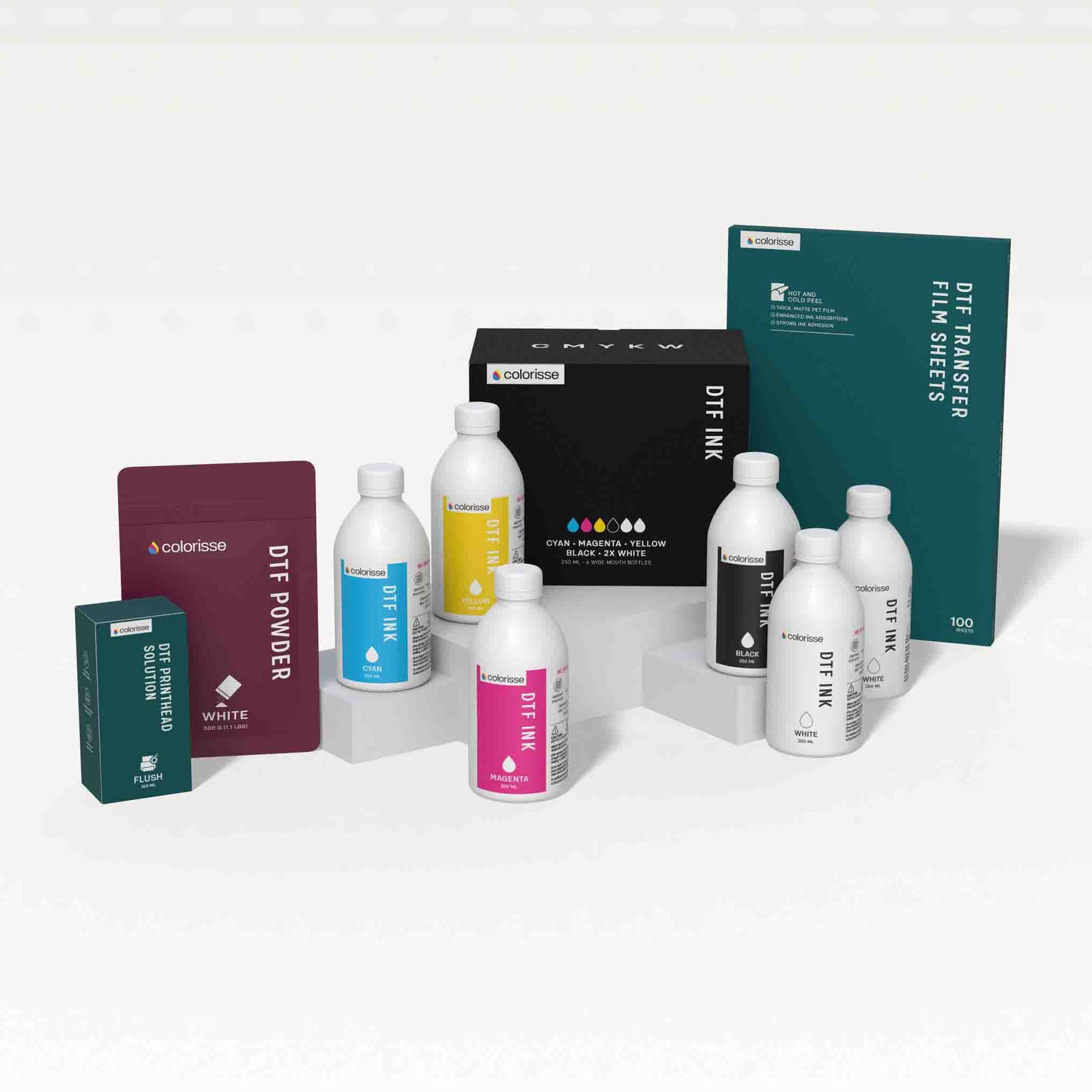 Colorisse DTF starter bundle with inks, transfer film, powder, and pretreatment solution, perfect for beginners in direct-to-film printing.