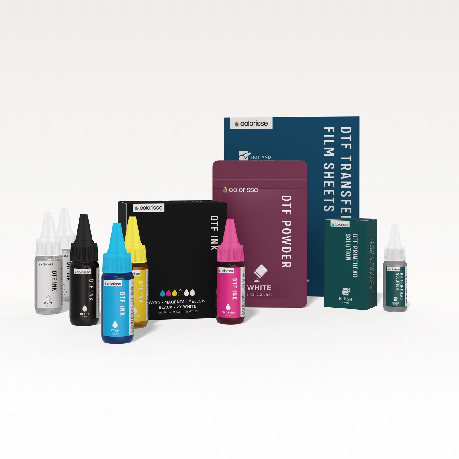 Colorisse New to DTF starter bundle with inks, transfer film, powder, and pretreatment solution, perfect for beginners in direct-to-film printing.